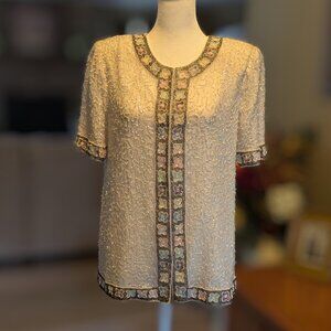 Laurence Kazar Vintage White Sequin Jacket, Size S, Short Sleeved